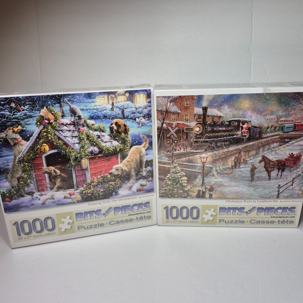 Bits and Pieces Puzzle Lot of 2 - 1000 Piece Puzzles Dogs Cats Trains Sealed
